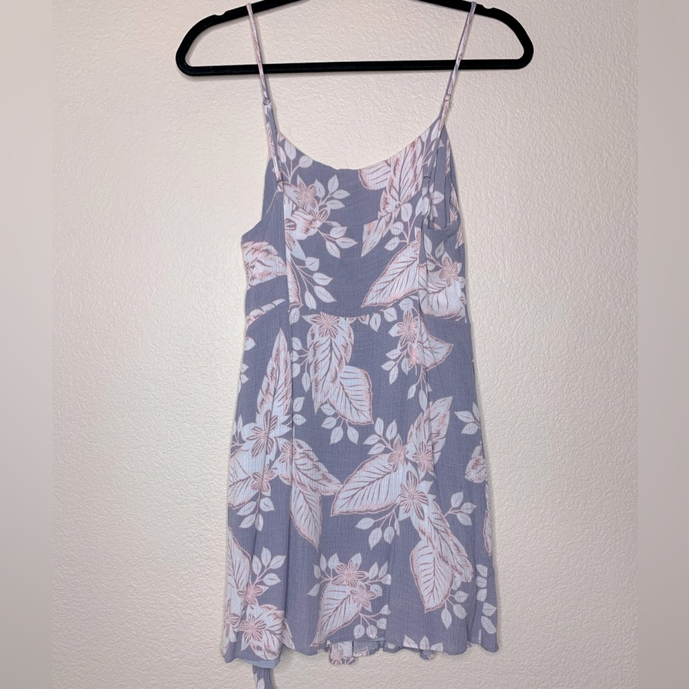 Hawaiian Tropical Print Faux Wrap Mini Dress in Lilac